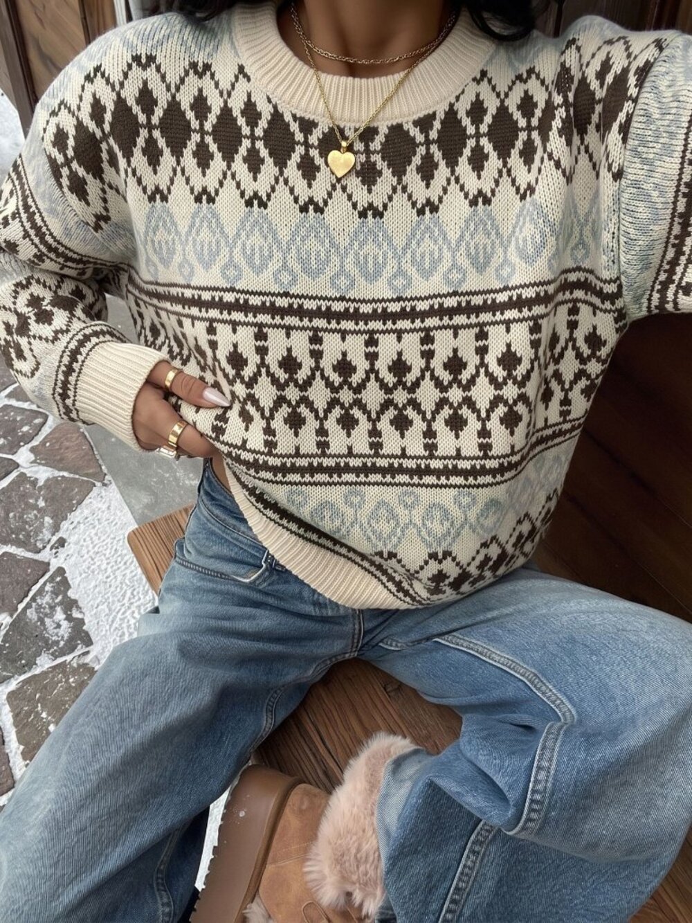 Women's Off White Fair Isle Crew Neck Sweater Nordic Winter Knit Pullover